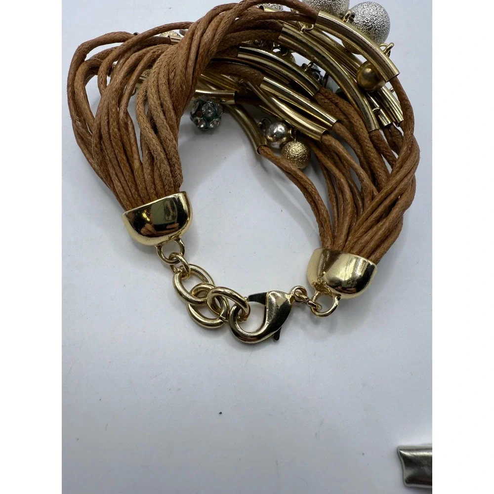 Boho Multi-Strand Brown Cord Charm Bracelet – Gold‎ Tone Bars, Textured Beads
